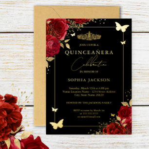 Invitation En Aluminium Couronne papillon floral or rouge Quinceanera