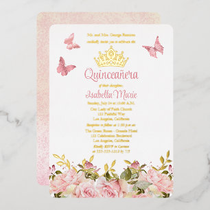 Invitation En Aluminium Couronne   Papillons Rose Fleur de Quinceañera 