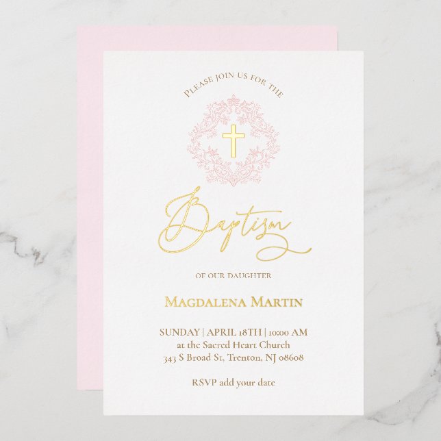 Invitation En Aluminium couronne rose Baptême (Recto/Verso)