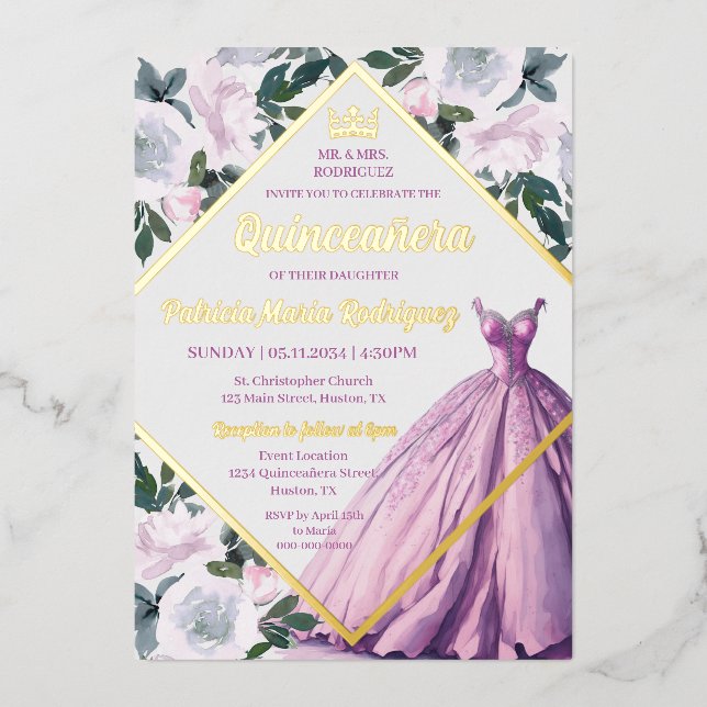 Invitation En Aluminium Couronne rose Or Gown Floral moderne Quinceanera (Recto)