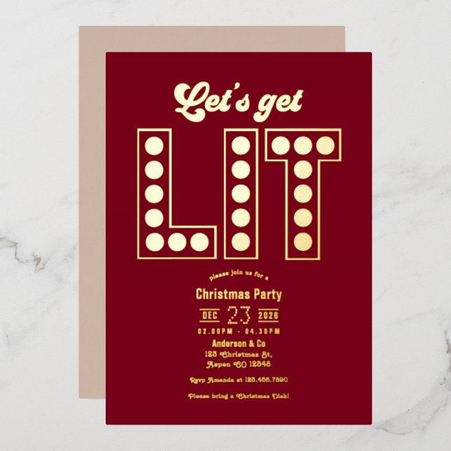 Invitation En Aluminium Cranberry Royale Get Lit Retro Christmas Party (Recto/Verso)
