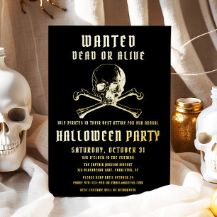 Invitation En Aluminium Crâne de pirate et os noirs Soirée Halloween Or