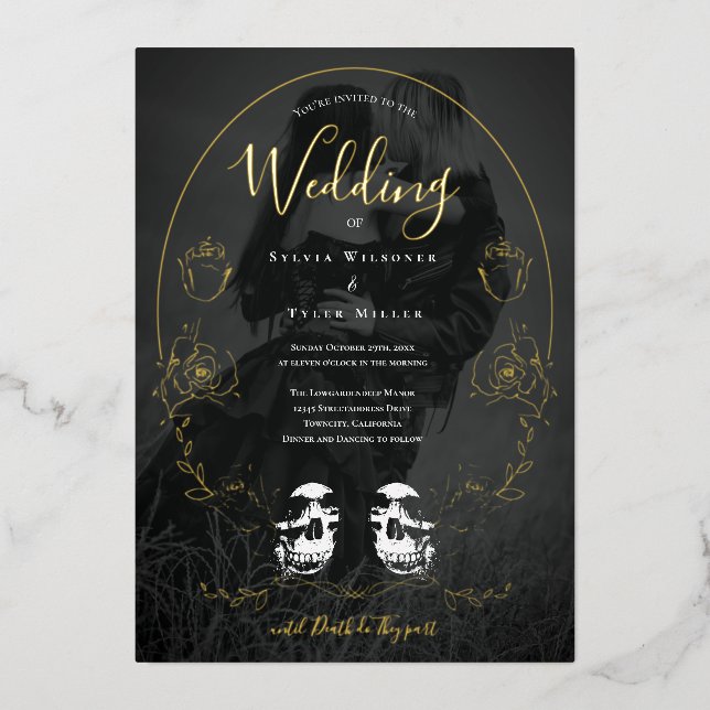 Invitation En Aluminium Crâne Floral noir photo Mariage gothique (Recto)
