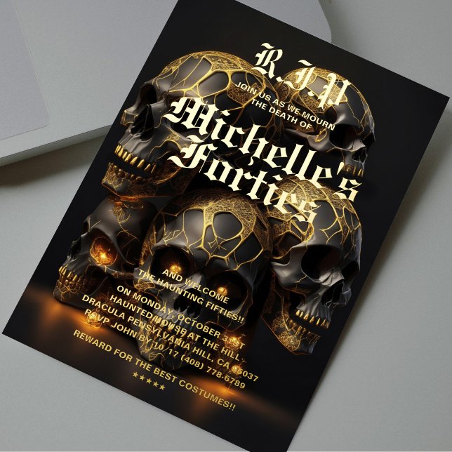 Invitation En Aluminium Crâne moderne 50e anniversaire Halloween Or (Modern 50th Birthday Skull Halloween Gold Foil Invitation
)