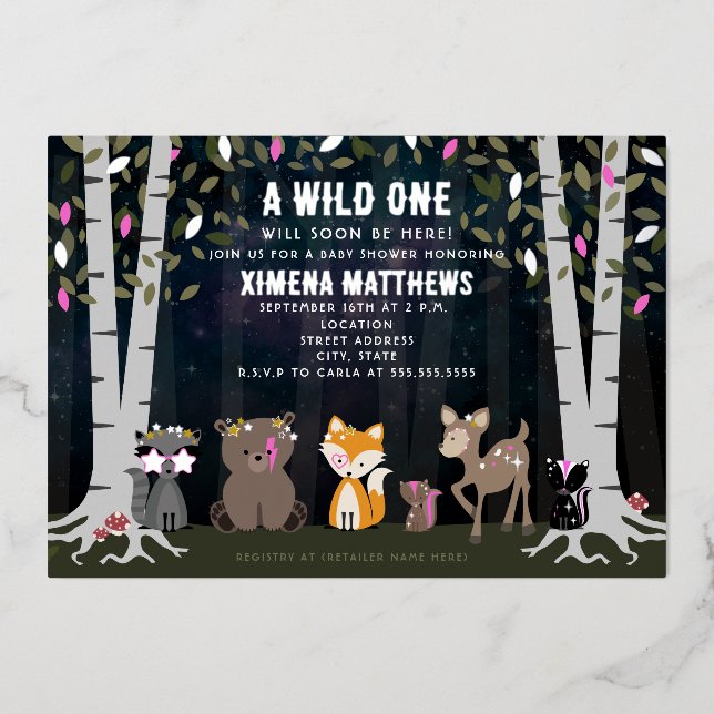 Invitation En Aluminium Créatures cosmiques Baby shower d'animaux des bois (Recto)