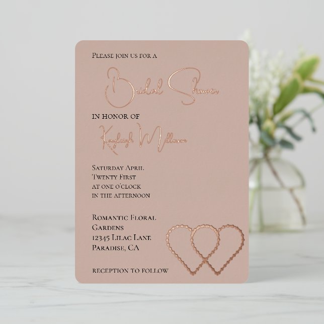 Invitation En Aluminium Crème Blush Glam Pearl Deux Coeurs Fête des mariée (Debout devant)