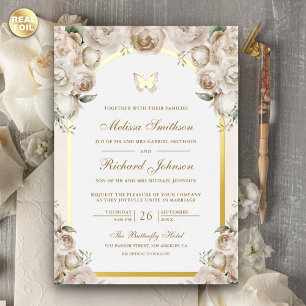 Invitation En Aluminium Crème d'ivoire Arc Floral Papillon Mariage Or