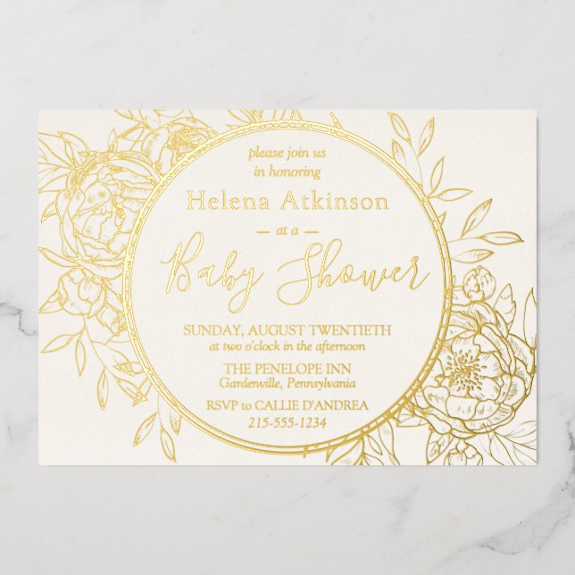 Invitation En Aluminium Crème d'ivoire et or Baby shower Peony moderne (Recto)