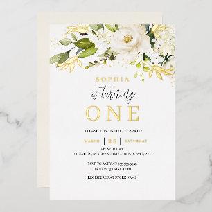 Invitation En Aluminium Crème douce naturelle Fille florale blanche 1er an