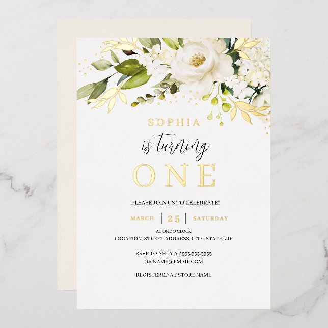 Invitation En Aluminium Crème douce naturelle Fille florale blanche 1er an (Recto/Verso)