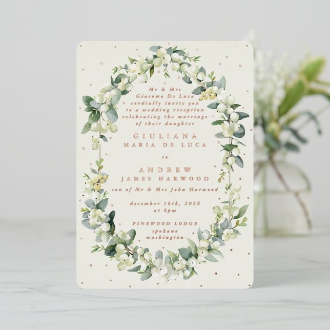 Invitation En Aluminium Crème Formelle Snowberry+Eucalyptus Réception Uniq (Debout devant)