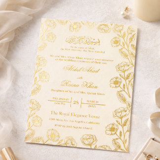 Invitation En Aluminium Crème Royale Ivoire Florale Feuille d'Or Doré Mari
