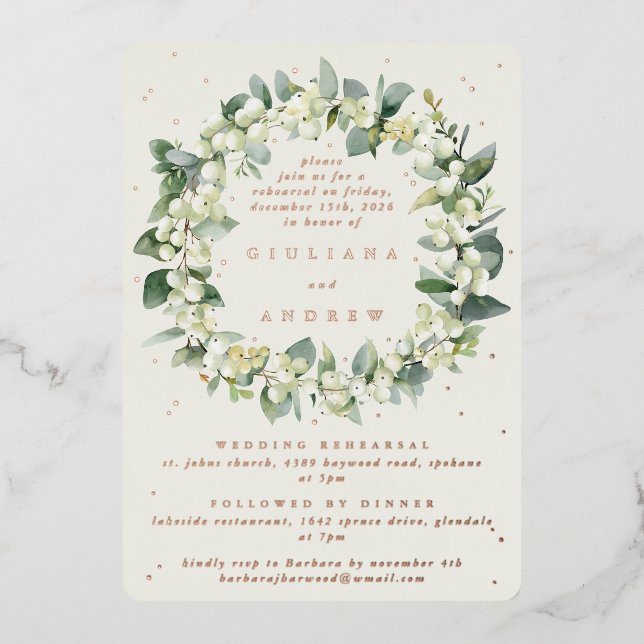 Invitation En Aluminium Crème Snowberry+Eucalyptus Mariage répétition (Recto)