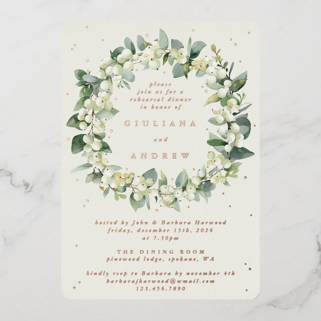 Invitation En Aluminium Crème Snowberry+Eucalyptus Mariage répétition (Recto)