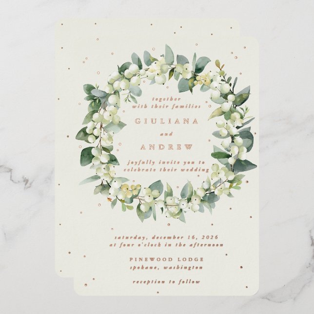 Invitation En Aluminium Crème Snowberry+Eucalyptus Wreath d'hiver Mariage (Recto/Verso)
