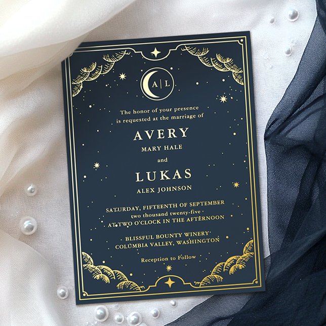 Invitation En Aluminium Crescent céleste Lune Marine Bleu Mariage Or (Créateur téléchargé)