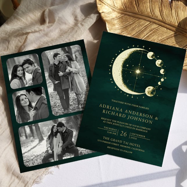 Invitation En Aluminium Crescent céleste Phase Émeraude Mariage Or (Créateur téléchargé)