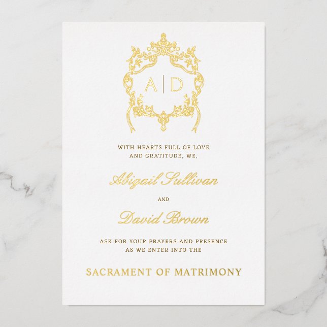 Invitation En Aluminium Crête Vintage Catholique Mariage Or (Recto)