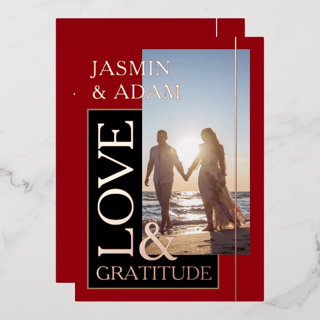 Invitation En Aluminium Crimson Red Photo Mariage Love and Gratitude Gold (Recto/Verso)
