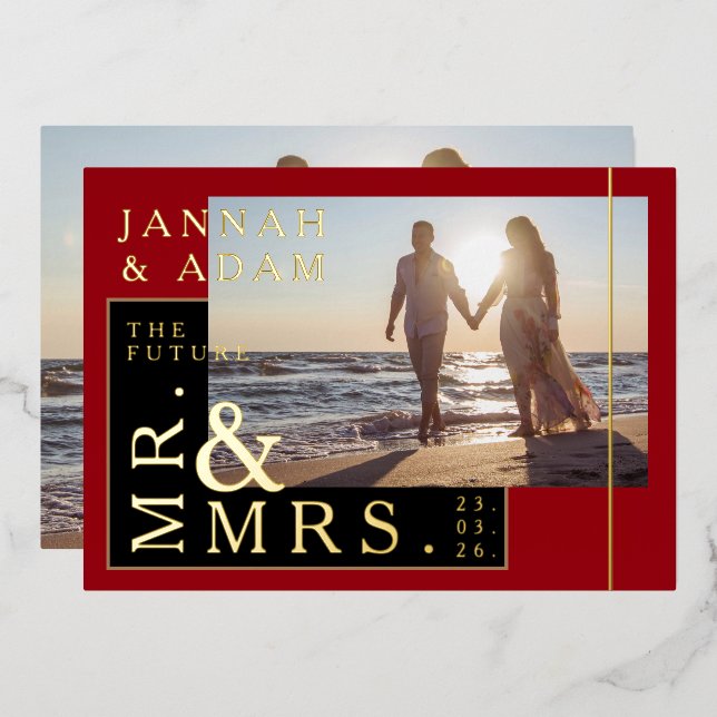 Invitation En Aluminium Crimson Red Photo Mariage M. et Mme Gold (Recto/Verso)