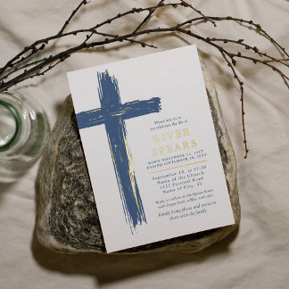 Invitation En Aluminium Croix à coup de pinceau bleu et or pour funéraille