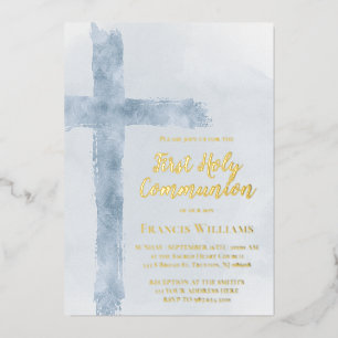 Invitation En Aluminium croix aquarelle bleue Première Sainte Communion