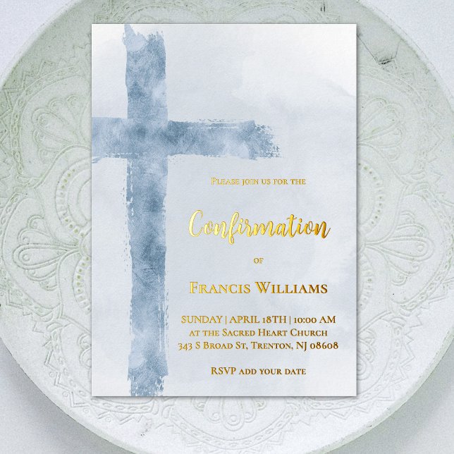 Invitation En Aluminium croix bleu aquarelle confirmation (Créateur téléchargé)
