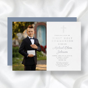 Invitation En Aluminium Croix Bleue Dusty Boy Photo First Communion Argent