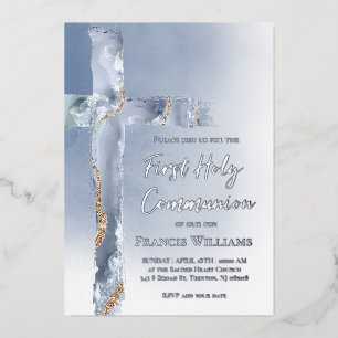 Invitation En Aluminium Croix bleue poussiéreuse de la première communion