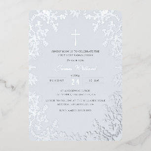 Invitation En Aluminium Croix d'argent bleu Première communion Vintage