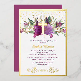 Invitation En Aluminium Croix de baptême en améthyste violette scintillant