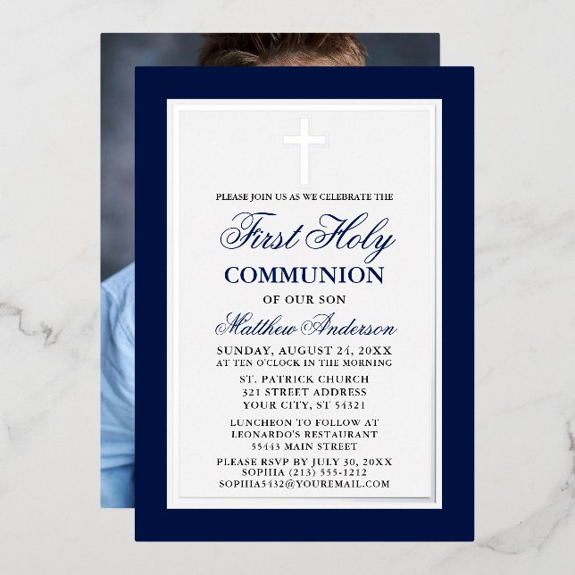 Invitation En Aluminium Croix de la Sainte Communion bleue (Recto/Verso)