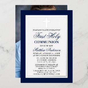 Invitation En Aluminium Croix de photo de première communion bleue en arge