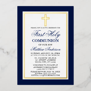 Invitation En Aluminium Croix de première communion bleue élégante en or