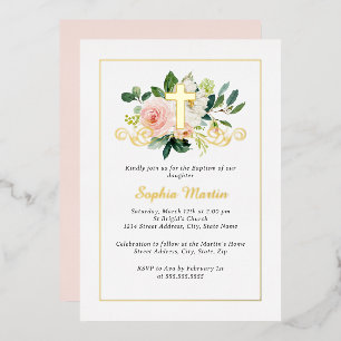 Invitation En Aluminium Croix d'or brillant Joli rose floral Baptême