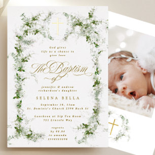 Invitation En Aluminium Croix d'or Eucalyptus Frame Baptême Photo