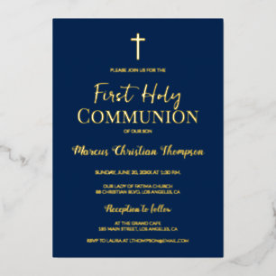 Invitation En Aluminium Croix d'or moderne Croix bleue première communion 