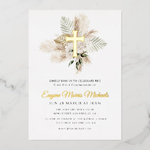Invitation En Aluminium croix d'or pampas première communion sainte