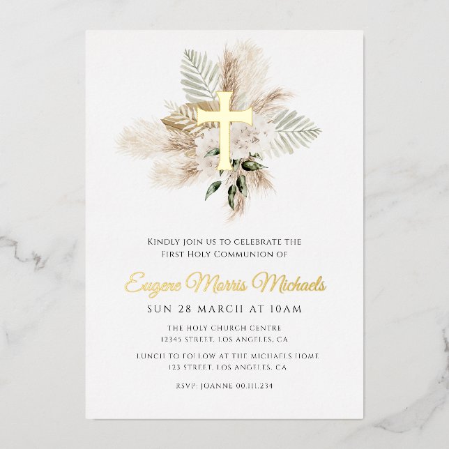 Invitation En Aluminium croix d'or pampas première communion sainte (Recto)