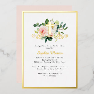Invitation En Aluminium Croix dorée brillante Baptême floral rose