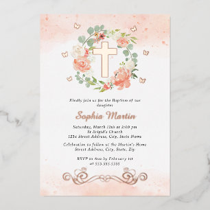 Invitation En Aluminium Croix dorée brillante florale Baptême fille de pêc