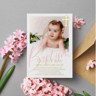 Invitation En Aluminium Croix dorée écriture rose pâle Photo Baptême Feuil