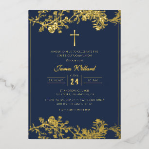 Invitation En Aluminium Croix dorée florale Navy Garçons Première Communio