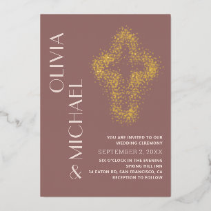 Invitation En Aluminium Croix dorée violette. Pots modernes mariage chréti