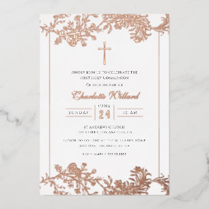 Invitation En Aluminium Croix en or rose floral pour la première communion