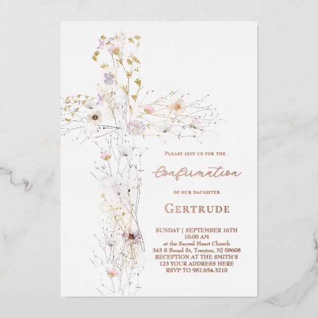 Invitation En Aluminium croix fleur sauvage aquarelle Confirmation (Recto)