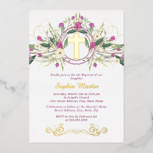 Invitation En Aluminium Croix florale dorée brillante Baptême