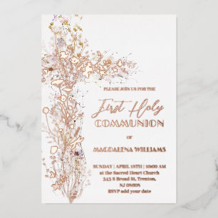 Invitation En Aluminium Croix florale sainte Première Communion fond blanc