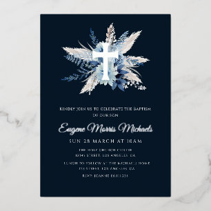 Invitation En Aluminium croix moderne baptême bleu marine