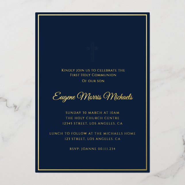 Invitation En Aluminium croix or simple bleu première communion (Recto)